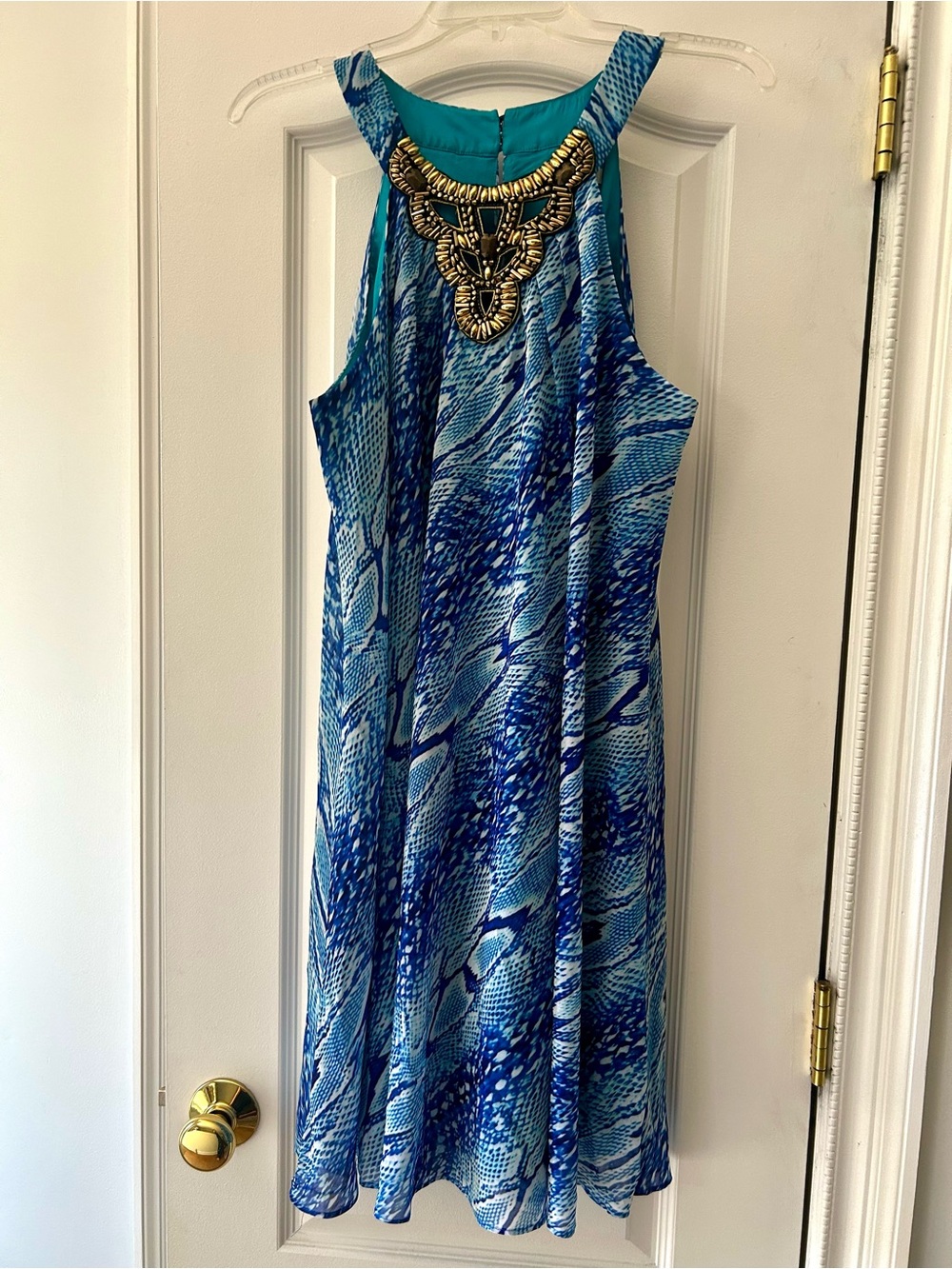 Boston Proper Blue Multi-Print Halter Dress with Gold Embellishment